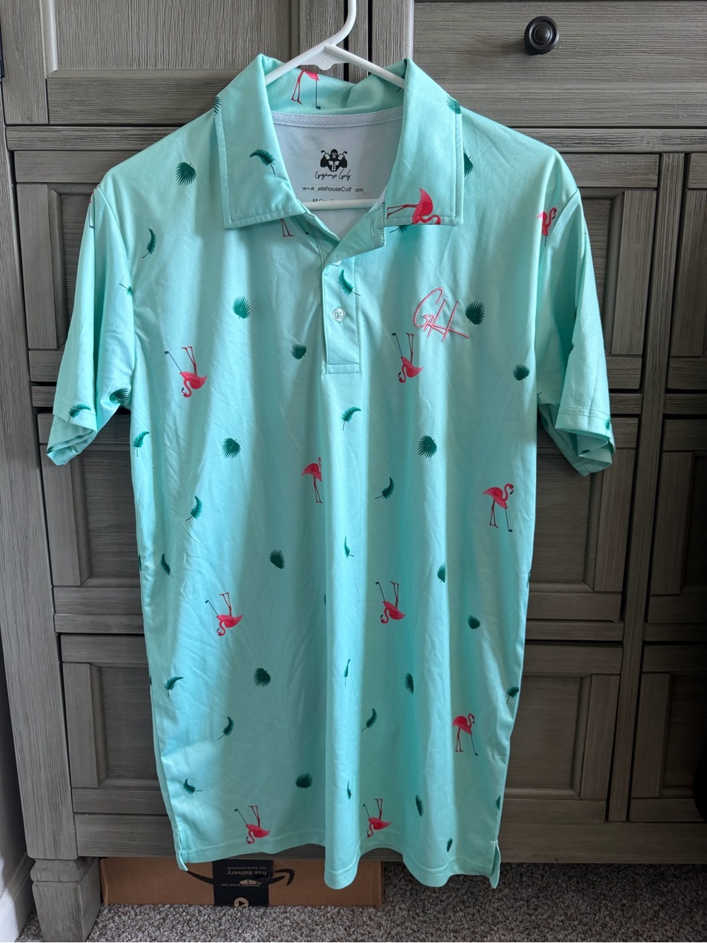 Gas house golf Mint Green Polo with Pink Flamingo Print
